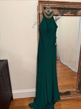 Mac Duggal Deep Emerald Halter Evening Gown with Gold Beaded Collar